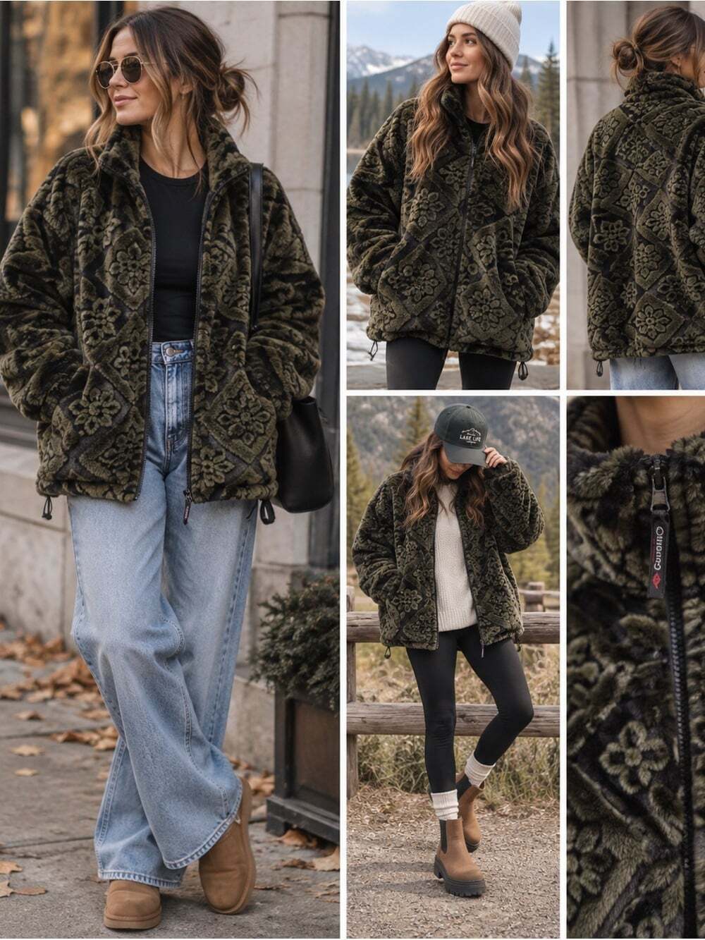 Vintage 90s Coastlines Patterned Fleece Jacket Olive Black Oversized